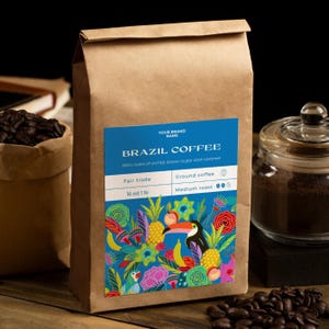 Plantilla de etiqueta editable moderna para bolsa de café de Brasil, etiqueta de café de lujo para imprimir en bolsa vertical, etiqueta Doypack, descarga instantánea V32