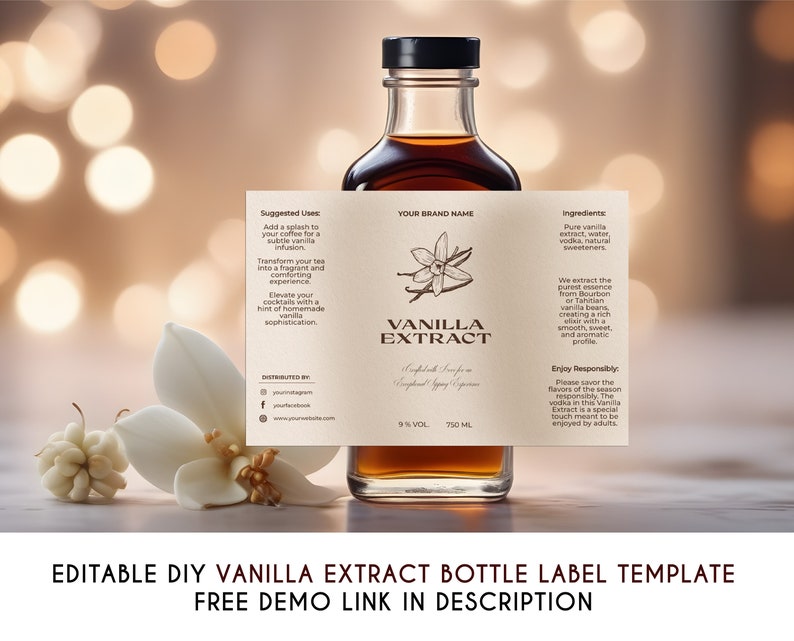 Editable Minimalist Vanilla Extract Bottle Label Template, Printable ...