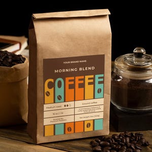 Plantilla de etiqueta moderna editable para bolsa de café, empaque de lujo imprimible, etiqueta autoadhesiva personalizada para bolsa vertical, etiqueta Doypack, descarga instantánea V29