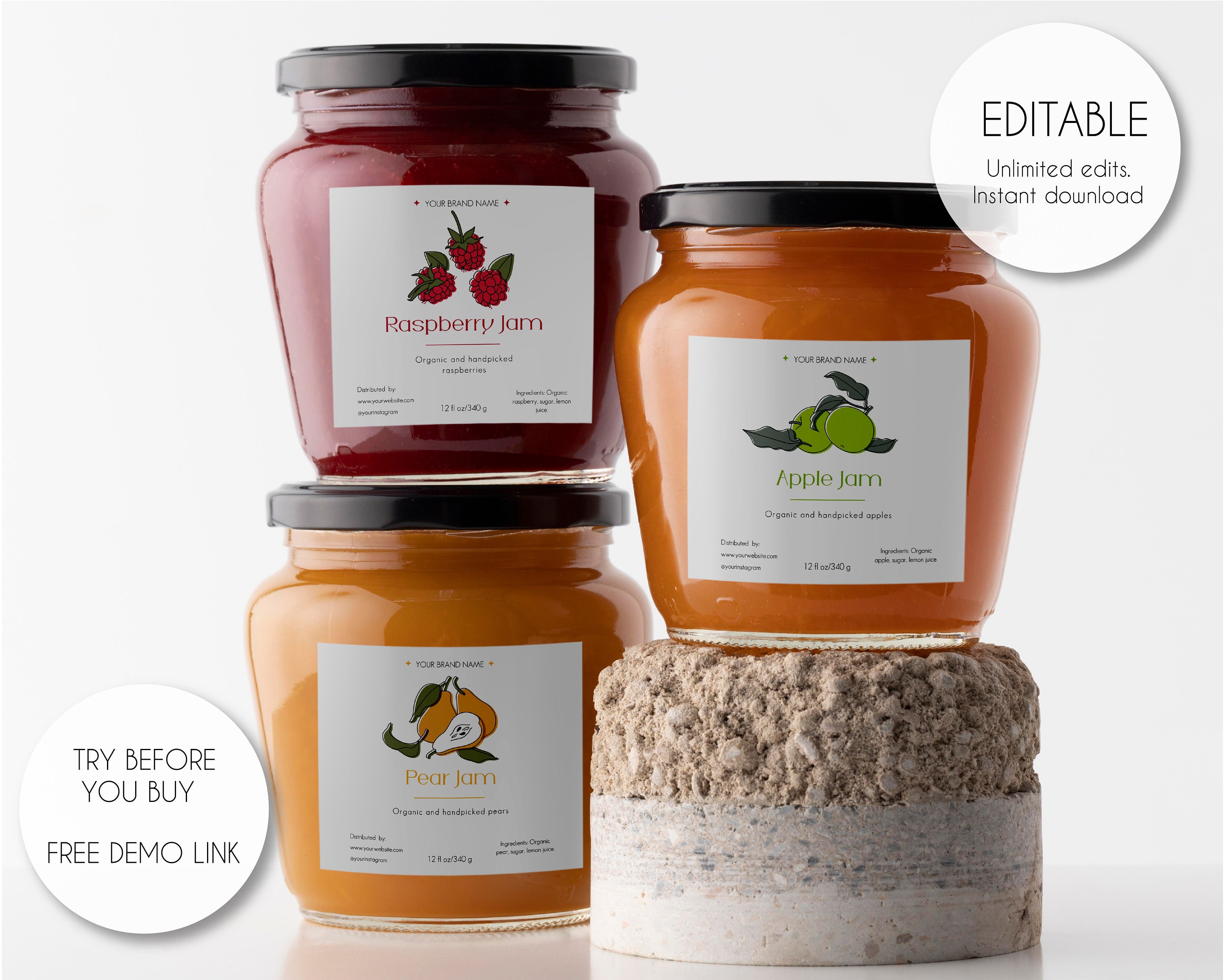 Editable Minimalist Jam Label Template, Printable Jelly Jar Product