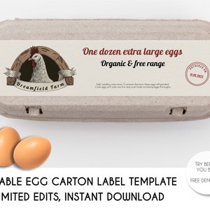 Bewerkbare labelsjabloon eierdoos, label DIY-boerderij, aanpasbaar eierlabel, label kippenhok, labelsjabloon kippeneieren, sticker boerderij V2