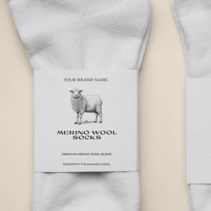 Bearbeitbare minimalistische Merino Wollsocken Etikettenvorlage, druckbare handgefertigte Luxus Lammwoll Socken Etikett, Wrap-Around-Etikett, Sofort Download