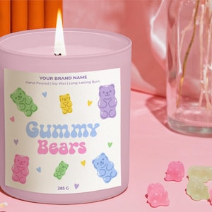 Modèle d'étiquette modifiable pour bougie parfumée oursons en gélatine, autocollant bougie imprimable en gélatine, étiquette de bonbon ludique personnalisée, téléchargement immédiat, V50