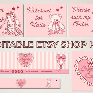 Editable Coquette Etsy Shop Banner Template, Custom Cute Feminine Etsy Shop Kit, DIY Girlie Pink Etsy Store Branding, Instant Download, V1