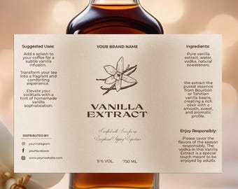 Editable Minimalist Vanilla Extract Bottle Label Template, Printable Homemade Alcoholic Beverage Label, Custom Vanilla Liquor Sticker V2