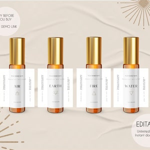 Plantilla de etiqueta roll-on editable para aceite esencial de 10 ml, etiqueta roll-on imprimible para mezcla de aceites esenciales, etiqueta de producto editable — Roll-on