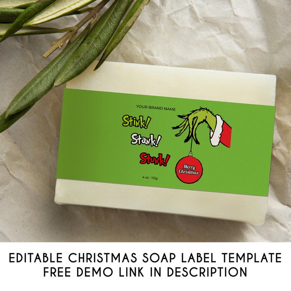 Editable Christmas Soap Label Template, Printable Green Hand Ornament Soap Label, Custom Luxury Bath Product Packaging, Instant Download V1