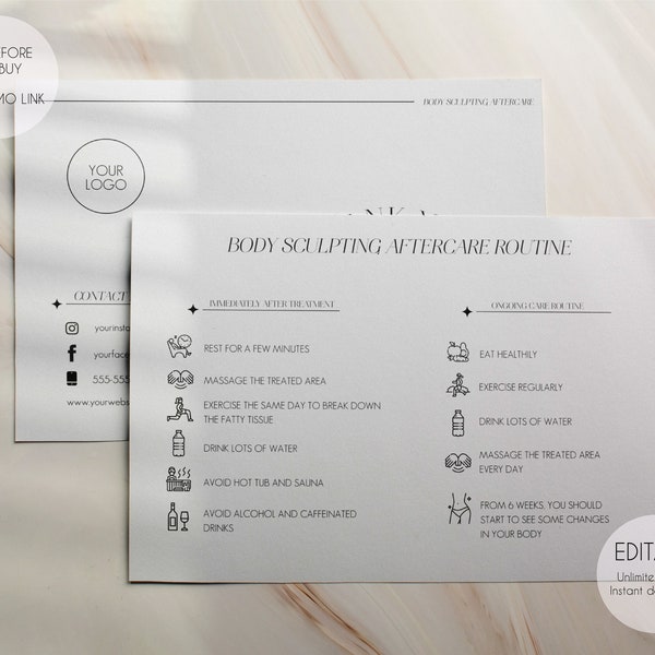 Editable Body Sculpting Aftercare Card Template, Custom Body Contouring Aftercare Card, Printable Body Sculpting Care Instructions