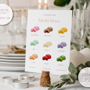 Bearbeitbare Mochi-Menüvorlage, druckbare Mochi-Menüvorlage, Vorlage für japanische Reiskuchengeschmacksliste, benutzerdefiniertes Mochi-Zeichen, sofortiger Download
