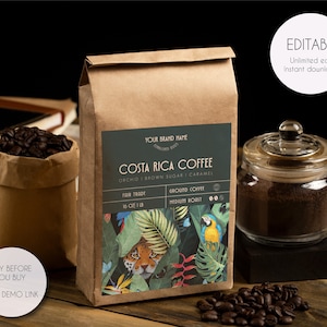 Plantilla de etiqueta moderna editable para bolsa de café, plantilla de etiqueta imprimible, etiqueta personalizada para bolsa de café, descarga instantánea V16