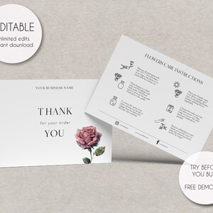 Modèle de carte d'entretien fleurs, modèle de guide d'entretien de bouquet modifiable, cartes d'entretien pour fleuriste imprimables, instructions d'entretien fleurs fraîches féminines
