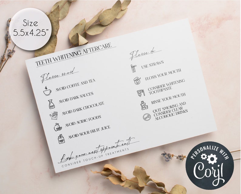 Editable and Printable Teeth Whitening Aftercare Card Template, Teeth