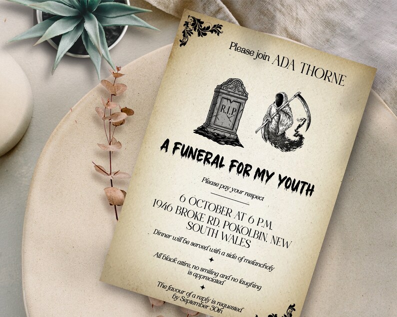 Editable Funeral for My Youth Birthday Party Invitation, Custom Funeral