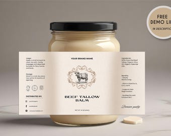 Editable Beef Tallow Jar Label Template, Printable Luxury Tallow Balm Sticker, Custom Minimalist Beef Tallow Label, Instant Download, V1