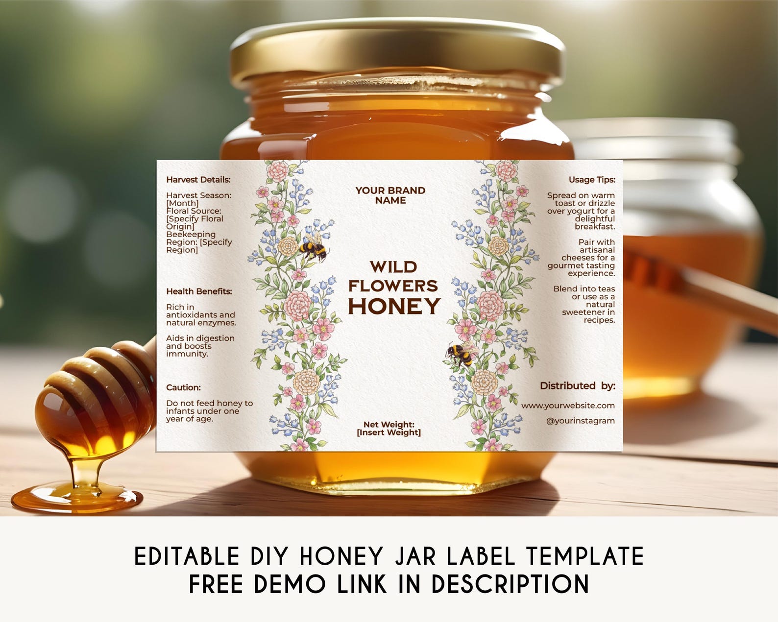 Editable Luxury Honey Jar Label Template Printable Custom Elegant Editable Luxury Honey Jar Label Template Printable Custom Elegant