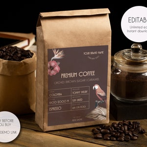 Plantilla de etiqueta para bolsa de café imprimible, plantilla de etiqueta para bolsa de café editable, etiqueta para bolsita de café, etiqueta de empaque personalizada, diseños atemporales V3