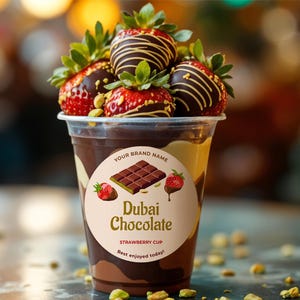 Modèle d'étiquette modifiable Dubai chocolat fraise coupe, modèle d'autocollant rond fraises enrobées de chocolat imprimable, téléchargement immédiat