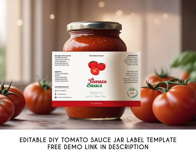 Editable Luxury Tomato Sauce Jar Label Template, Printable Modern