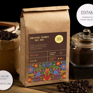 Plantilla de etiqueta de café lista para imprimir: etiqueta de producto minimalista, empaque de café, etiqueta imprimible DIY, etiqueta de bolsa Kraft, diseño de etiqueta personalizado