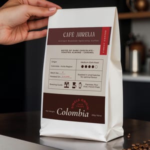 Könnte beinhalten: Ein weißer Beutel mit Café Aurelia, artisanal geröstetem Spezialitätenkaffee. Der Beutel hat ein dunkelbraunes Etikett mit dem Text "Colombia" und "Single Origin Fair Trade". Der Beutel listet auch Herkunft, Röstung und Brühhinweise auf. Der Beutel wiegt 250g.