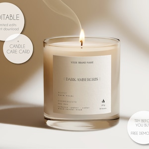 Editable Modern Candle Label and Candle Care Card Template, Minimalist Luxury Candle Label Template, Candle Aftercare Card Template