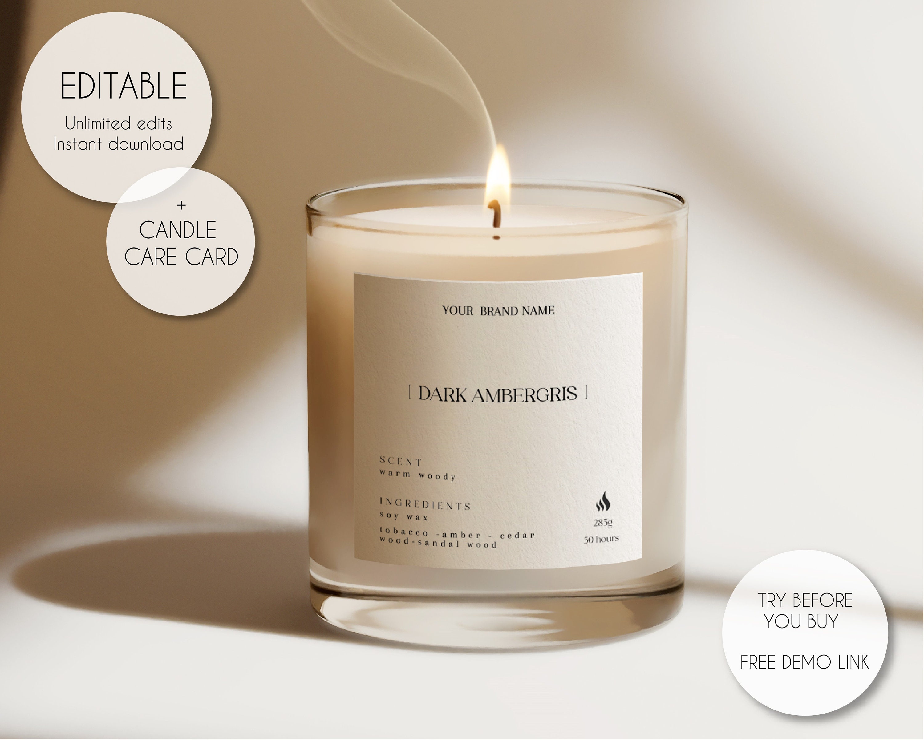 Editable Modern Candle Label and Candle Care Card Template, Minimalist