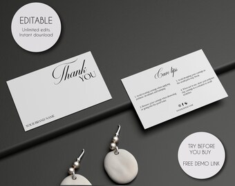 Editable Minimalist Polymer Clay Earrings Care Card Template, Printable Luxury Clay Aftercare Instructions, Clay Earrings Care Inserts