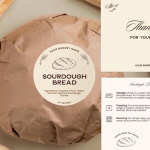 Plantilla editable de etiqueta para pan de masa madre, pegatina redonda imprimible, tarjeta para el cuidado posterior del pan, imprimibles personalizados para panadería, descarga instantánea, V1