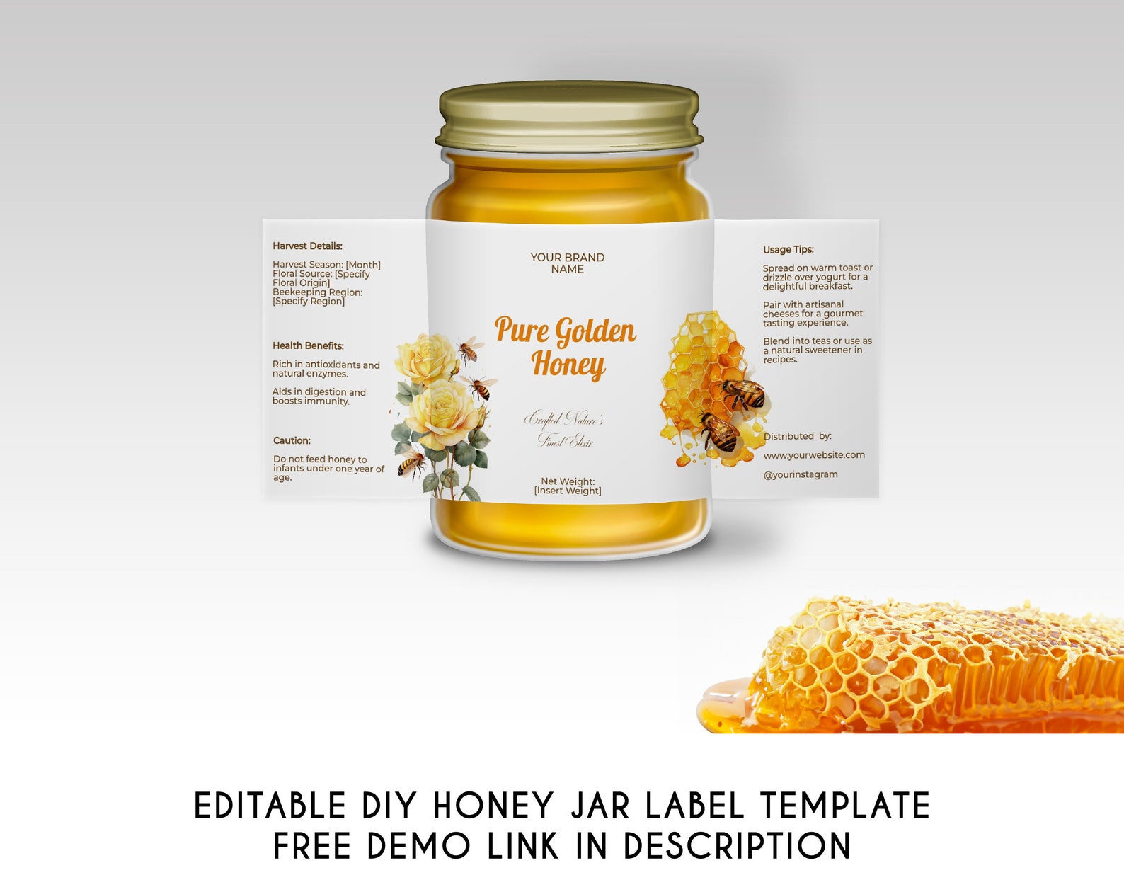 Editable Minimalist Luxury Honey Jar Label Template, Printable Custom Elegant Food Sticker ...