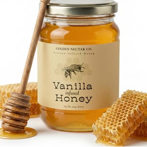 Puede incluir: Un tarro de miel con infusión de vainilla con un cucharón de miel de madera y trozos de panal. La etiqueta dice "Golden Nectar Co. Artisan Infused Honey" con una ilustración de abeja. Peso neto 250g.