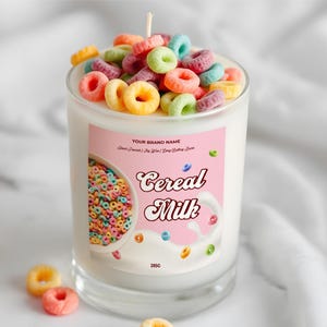Plantilla editable de etiqueta para vela con aroma a leche de cereal, pegatina imprimible de Fruit Loops, etiqueta divertida y personalizada para cereal, descarga instantánea, V47