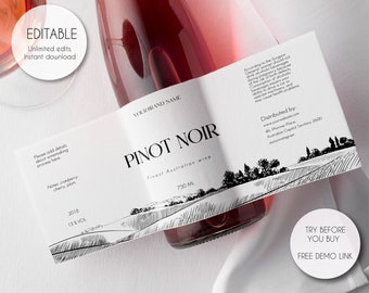 Editable Minimalist Wine Bottle Label Template, Luxury Wrap Around Wine Label, Modern Wine Label Sticker, Drinks Label Template V1