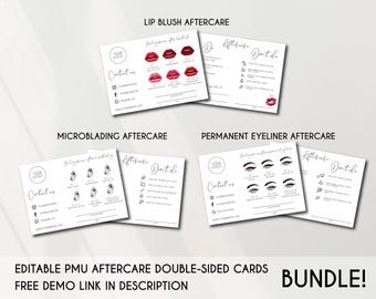 Editable and printable PMU Aftercare Card Bundle, Editable Permanent Makeup Care Card Bundle, PMU Aftercare Card, PMU Aftercare Template