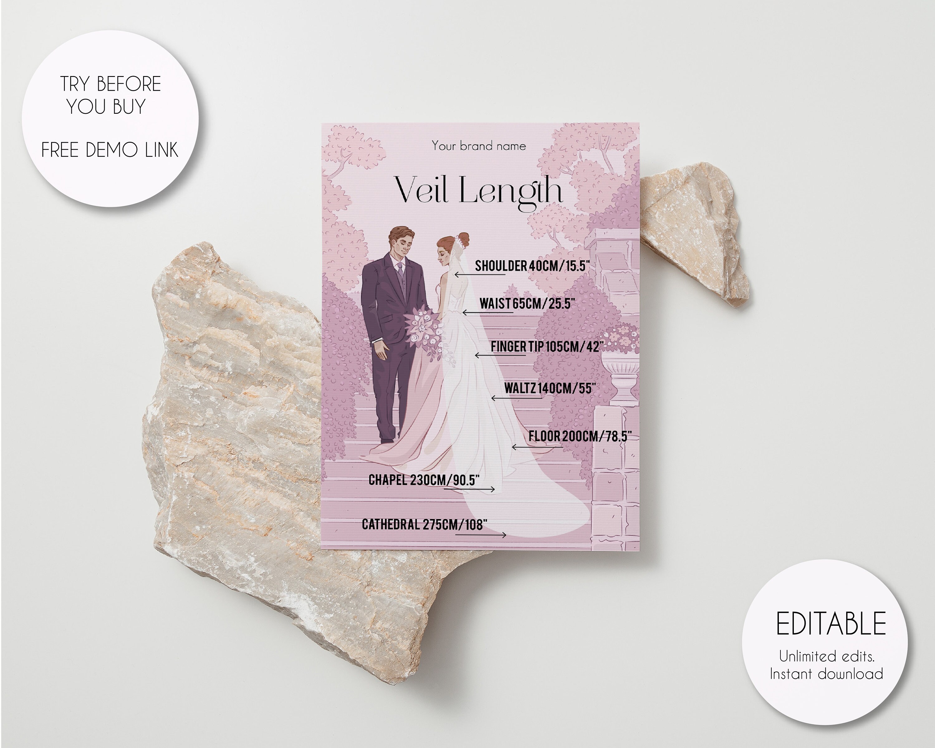 Editable Veil Length Size Chart Template, Printable Wedding Veil Size
