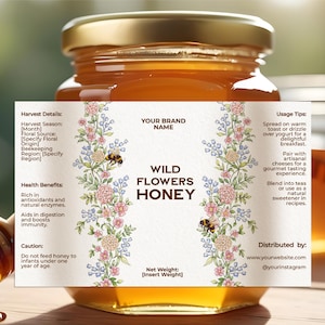 Editable Luxury Honey Jar Label Template, Printable Custom Elegant Honey Sticker, Beekeeper Business Printables, Honey Packaging V9