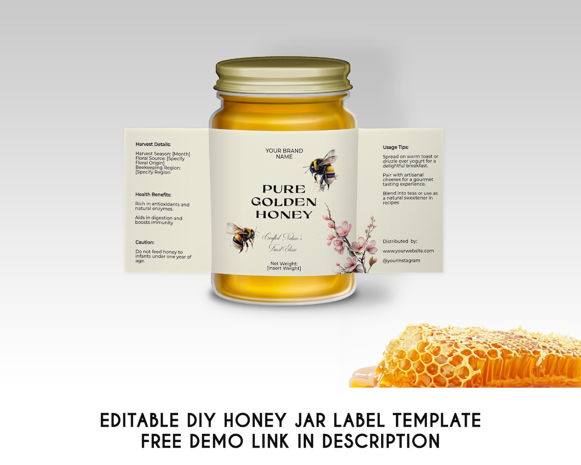 Editable Minimalist Luxury Honey Jar Label Template, Printable Custom Elegant Food Sticker ...