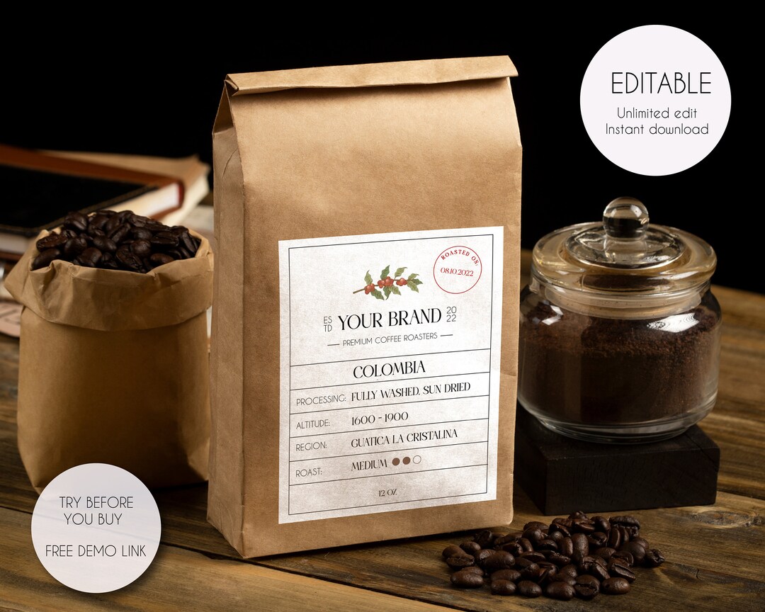 Printable Coffee Bag Label Template, Editable Coffee Bag Label Template