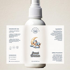 Modello modificabile per etichetta spray per cuscino per bambini, adesivo stampabile per flacone spray per cuscino per cameretta, etichetta spray per dormire personalizzata, download immediato, V2