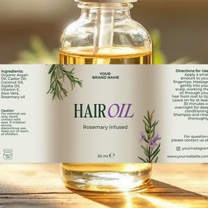 Modèle d'étiquette modifiable pour la pousse des cheveux, huile de romarin, autocollant imprimable sérum capillaire, étiquette de produit capillaire de luxe personnalisée, téléchargement immédiat, V2