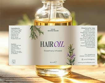 Editable Hair Growth Rosemary Oil Label Template, Printable Hair Serum Sticker, Custom Luxury Hair Product Label, Instant Download, V2