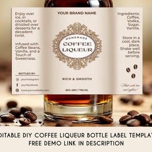 Plantilla editable de etiqueta de licor de café casero de lujo, calcomanía imprimible, calcomanía personalizada para regalo de café, descarga instantánea, V1