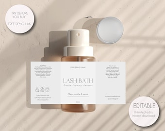 Editable Lash Bath Label Template, Custom Eyelash Foam Cleanser Wrapper Design, Printable 30ml 50ml 60ml Modern Lash Shampoo Bottle Sticker