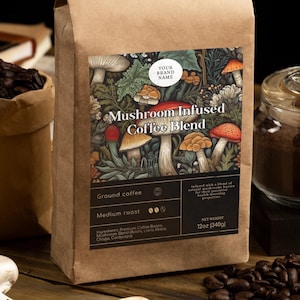 Modello modificabile di etichetta per sacchetto di miscela di caffè ai funghi (download digitale)