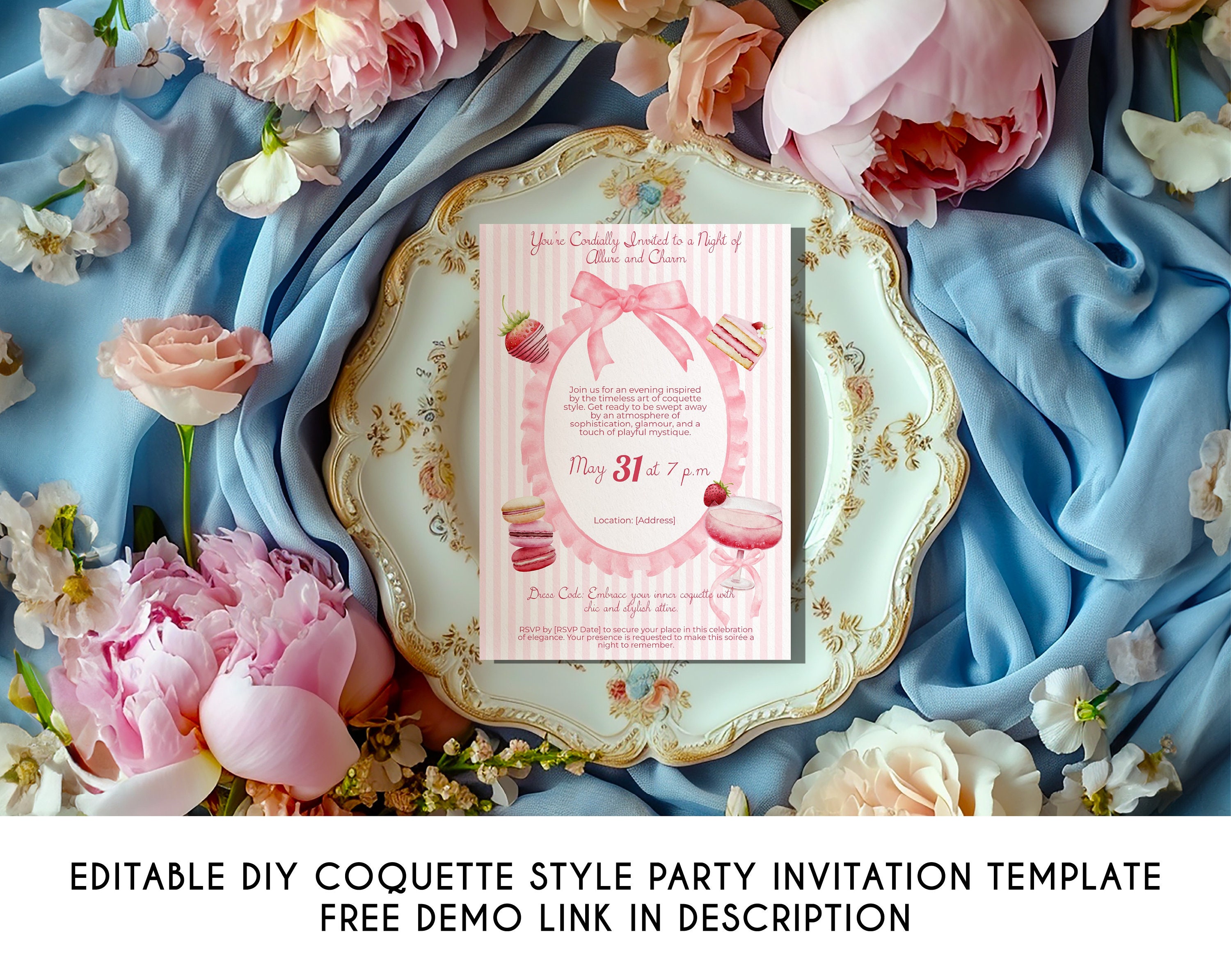 Editable Coquette Cocktail Party Invitation Template, Printable Editable Coquette Cocktail Party Invitation Template, Printable