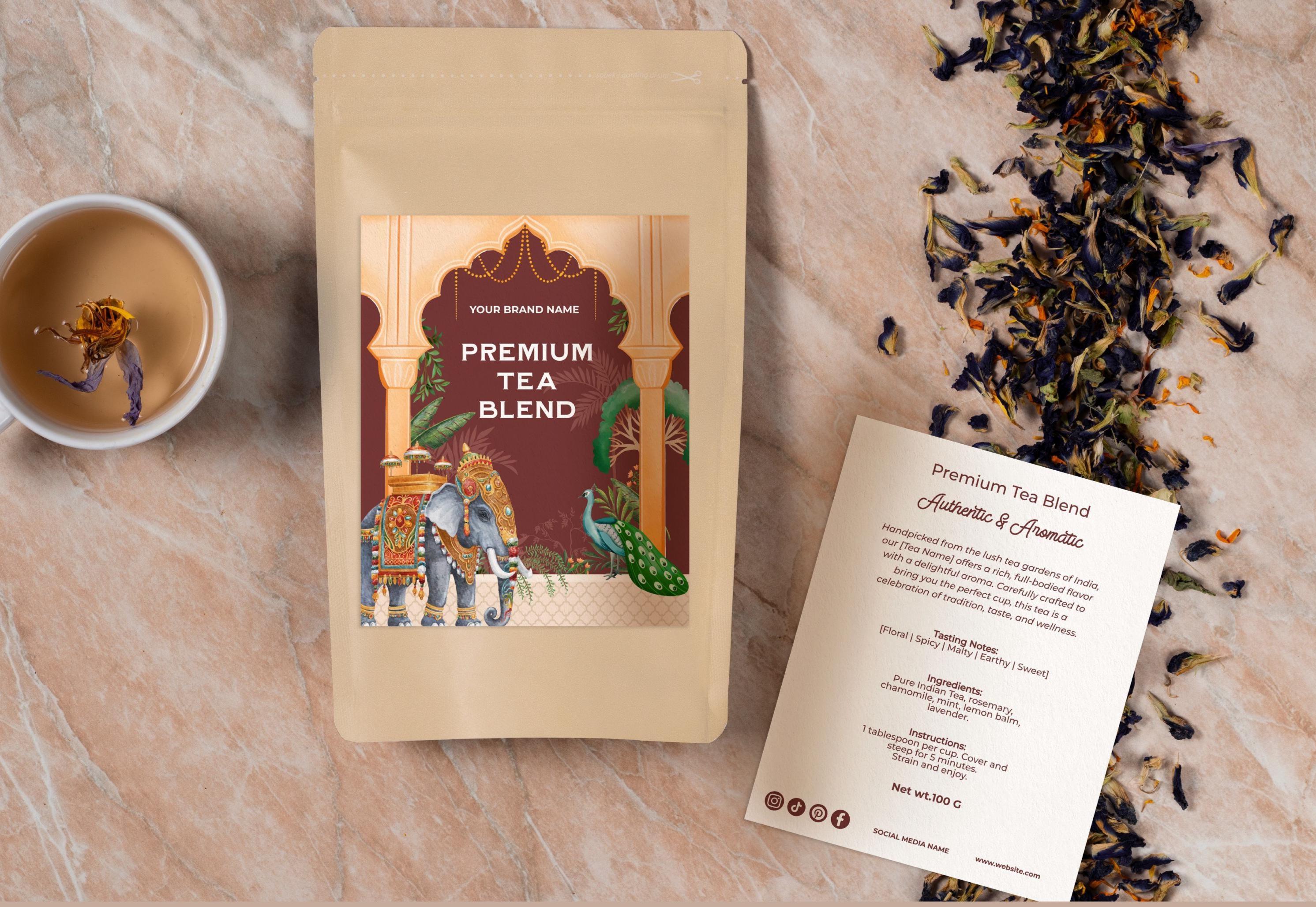 Editable Indian Tea Blend Bag Label Template, Printable Tea Pouch Sticker, Custom Tea Packaging Label, Doypack label, Instant Download, V3