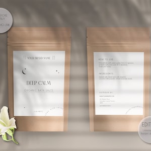 Editable Minimalist Bath Salts Pouch Label Template, Printable Bath Soak Label Template, Printable Body Product Label, DIY Doypack Label