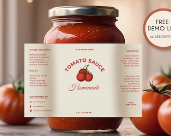 Editable Luxury Tomato Sauce Jar Label Template, Printable Modern Homemade Tomato Paste Sticker, Custom Ketchup Label, Instant Download V2