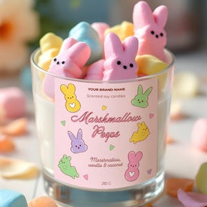 Modello di etichetta per candela Marshmallow Peeps modificabile, adesivo per candela di Pasqua stampabile, etichetta per candela personalizzata giocosa e carina, download immediato, V2