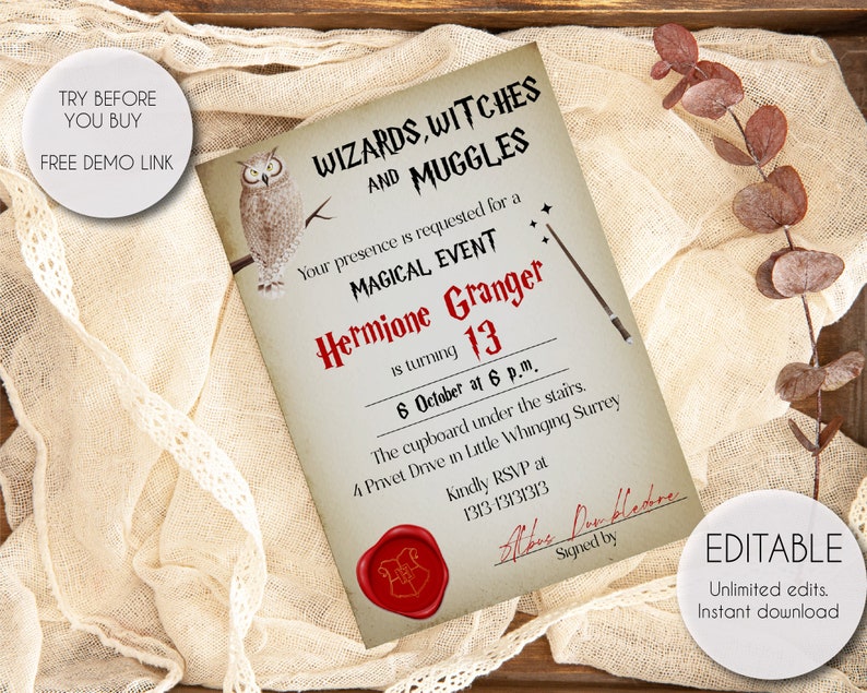 Editable and Printable Wizard Birthday Party Invitation Template Harry Potter Birthday Party Invitation Any Age party