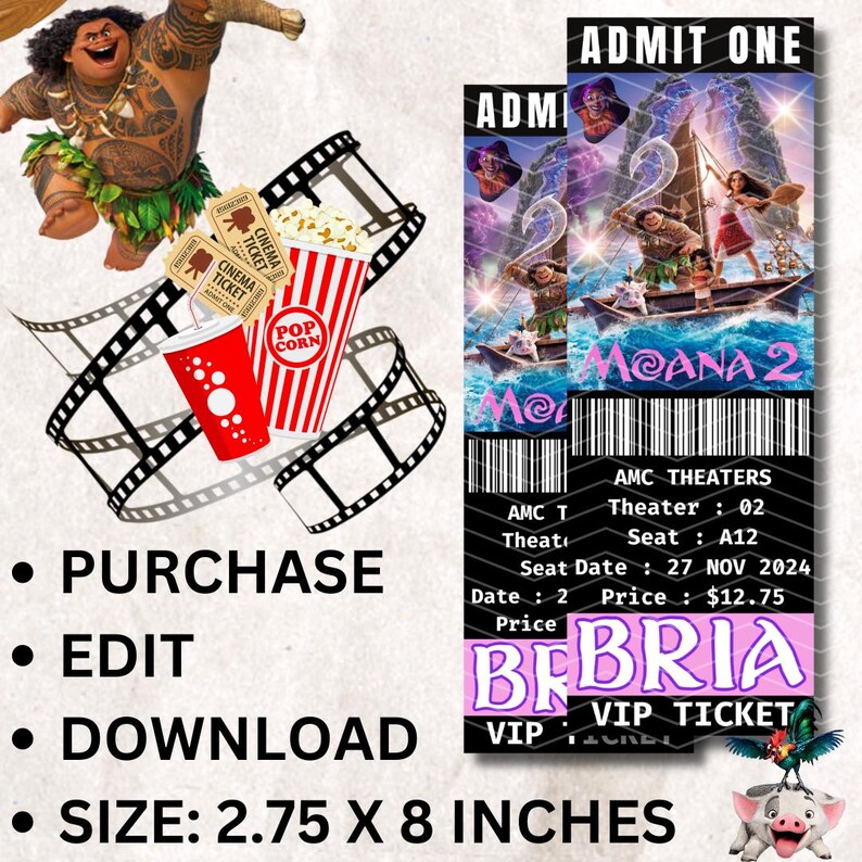 Moana 2 Movie Ticket Birthday Invitation, Baby Moana Invitation, Moana